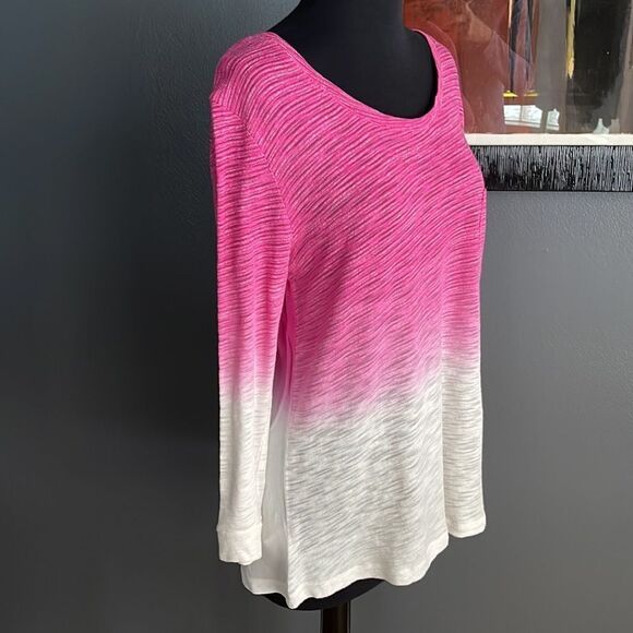 Zobha dip dye marled ombré pink/white burnout open chiffon back knit front top - Picture 5 of 9